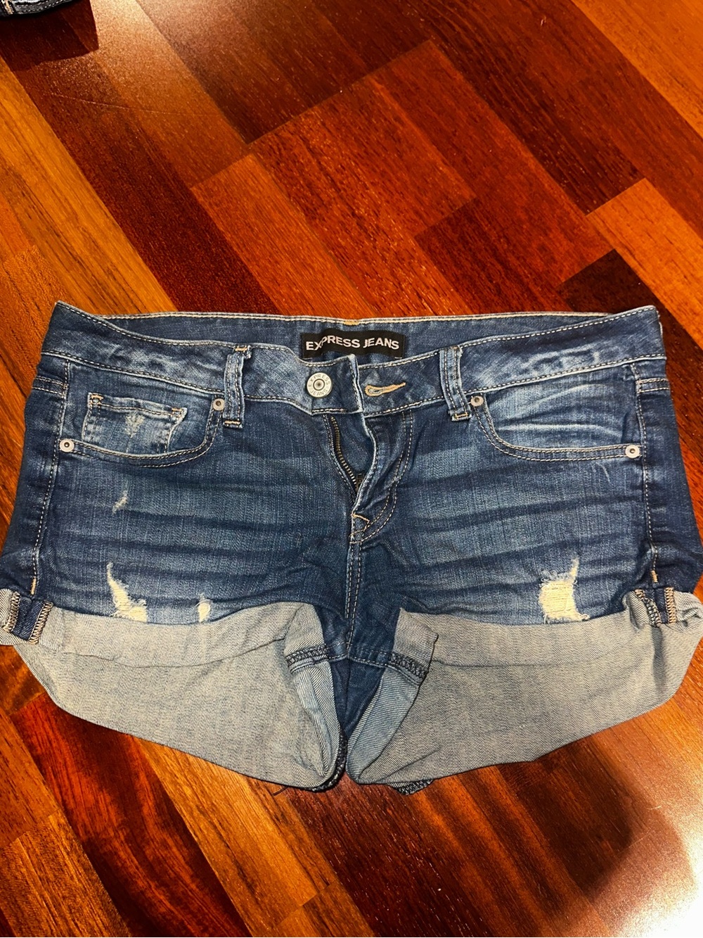 Express Women's Distressed Dark Wash Denim Shorts